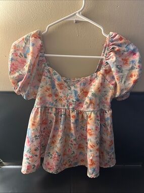 SHEIN Pastel Floral Puff-Sleeve Peplum Blouse